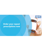 A bottle of pills. Text reads "Order your repeat prescriptions now"