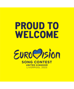 Text reads "Proud to welcome Eurovision Song Contest United Kingdom Liverpool 2023"