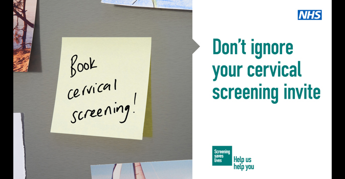 A post-it-note with text reading "Book cervical screening!" Text to the right of that reads "Don't ignore your cervical screening"