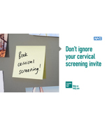 A post-it-note with text reading "Book cervical screening!" Text to the right of that reads "Don't ignore your cervical screening"