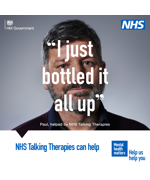 I man looking to the camera. Text reads "I just bottled it all up. NHS talking therapies can help"