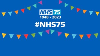 Bunting with text reading "#NHS75"