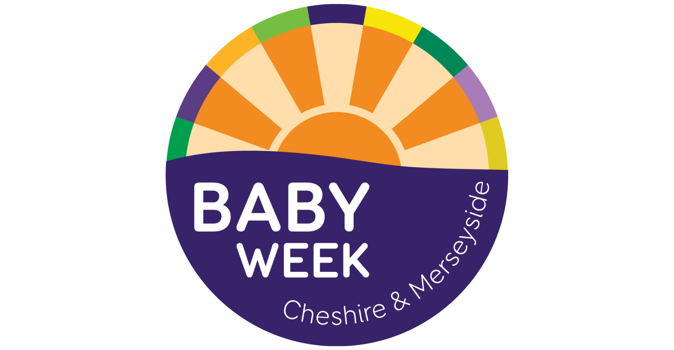 A circle graphic of the sun with the text 'Baby Week Cheshire & Merseyside'