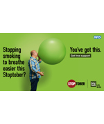 A man blowing into a large balloon. Text reads "Stopping smoking to breathe easier this Stoptober? You've got this, get free support"
