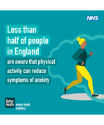 A cartoon of a woman running. The text reads "Less than half of people in England are aware that physical exercise can reduce symptoms of anxiety"